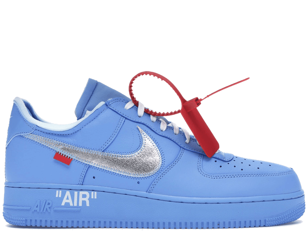 Nike Air Force 1 Low Off-White MCA University Blue with silver Swoosh and red tag