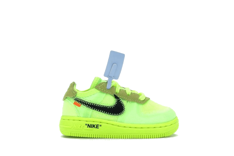 Nike Air Force 1 Low Off-White Volt toddler sneaker in vibrant volt green with deconstructed design.