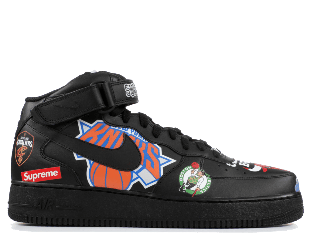 Black Air Force 1 Mid Supreme NBA sneaker featuring team logos and 'SUPREME' embroidery.
