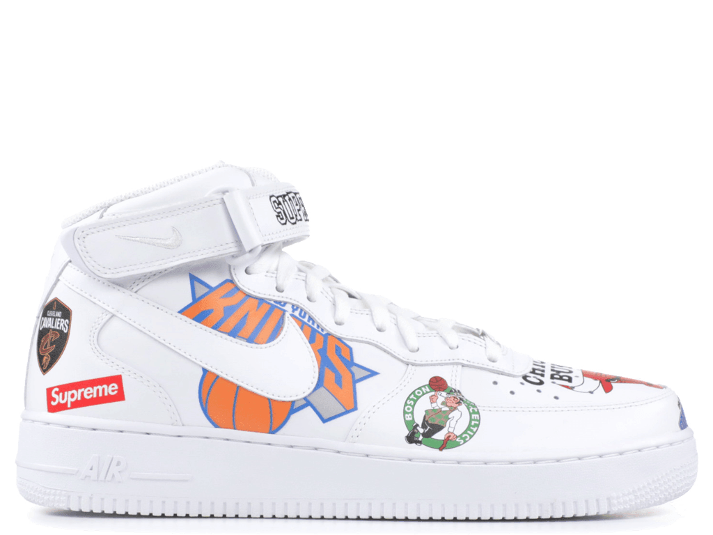 Air Force 1 Mid Supreme NBA White sneaker featuring team emblems and Supreme branding.