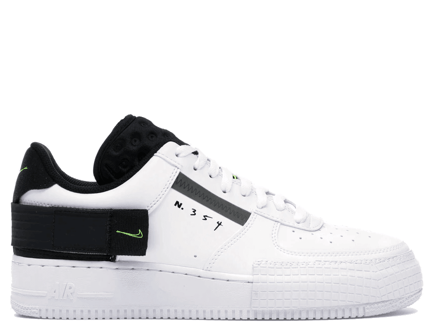 Nike Air Force 1 Type in white, black, and volt with a semitransparent medial panel and bold design.