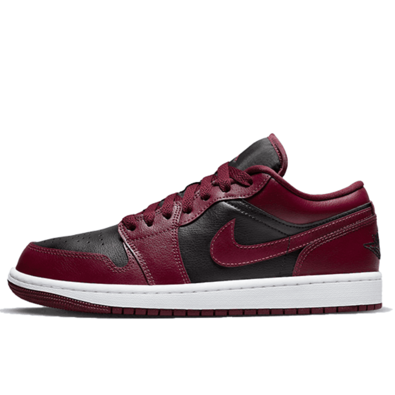Air Jordan 1 Low Maroon women's sneakers with premium leather in black and reddish-brown accents.