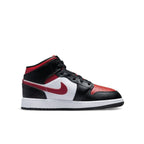 Air Jordan 1 Mid Black Fire Red (GS) featuring black, red, and white colorway with iconic design details.