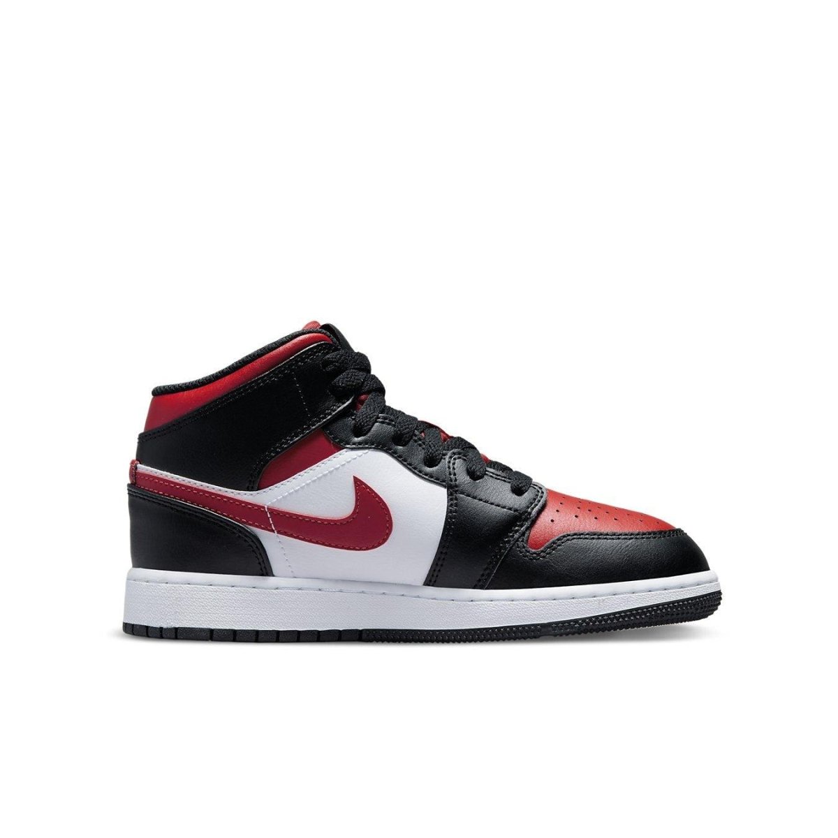 Air Jordan 1 Mid Black Fire Red (GS) featuring black, red, and white colorway with iconic design details.