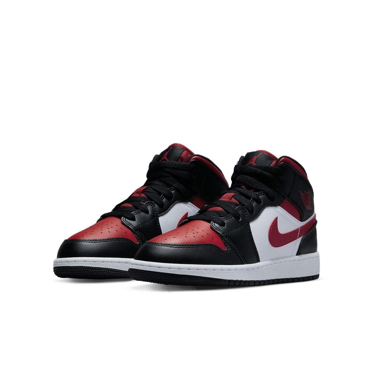 Air Jordan 1 Mid Black Fire Red sneakers showcasing black, red, and white design with iconic Swoosh.