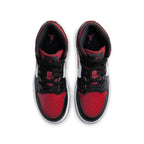 Air Jordan 1 Mid Black Fire Red shoes, top view, featuring black, red, and white colorway with iconic Jordan branding.