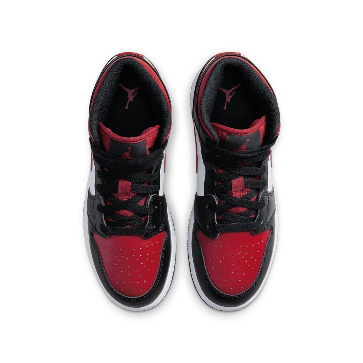 Air Jordan 1 Mid Black Fire Red shoes, top view, featuring black, red, and white colorway with iconic Jordan branding.