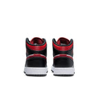 Air Jordan 1 Mid Black Fire Red (GS) sneakers rear view, showcasing black and red colorway with white sole.