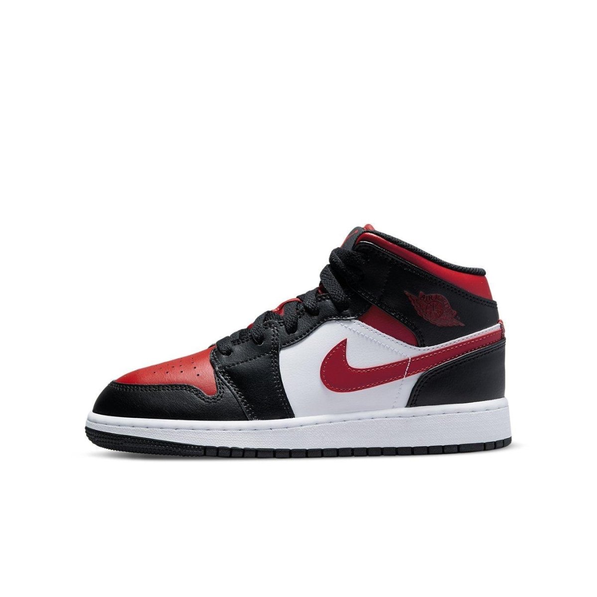 Air Jordan 1 Mid Black Fire Red sneakers featuring black, red, and white colorway with iconic Swoosh design.