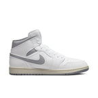 Air Jordan 1 Mid Neutral Grey in white leather with grey Swoosh and collar, showcasing a sleek basketball silhouette.