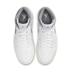 Air Jordan 1 Mid Neutral Grey, featuring a white leather upper and Neutral Grey accents, top view.