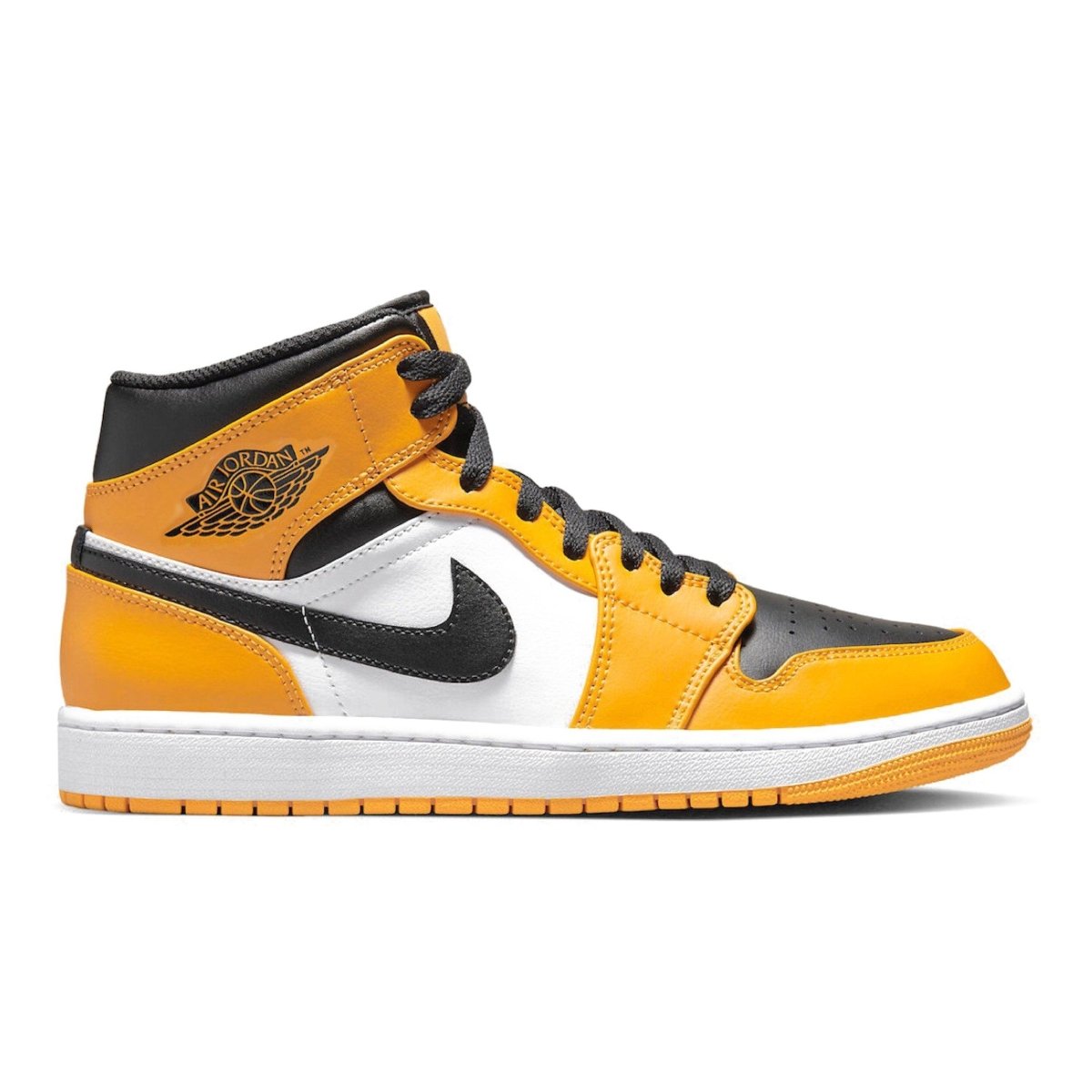 Air Jordan 1 Mid Taxi in black, white, and vibrant yellow, featuring iconic logo and stylish design.