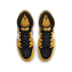 Air Jordan 1 Mid Taxi (GS) sneakers with black, white, and yellow leather upper from top view.
