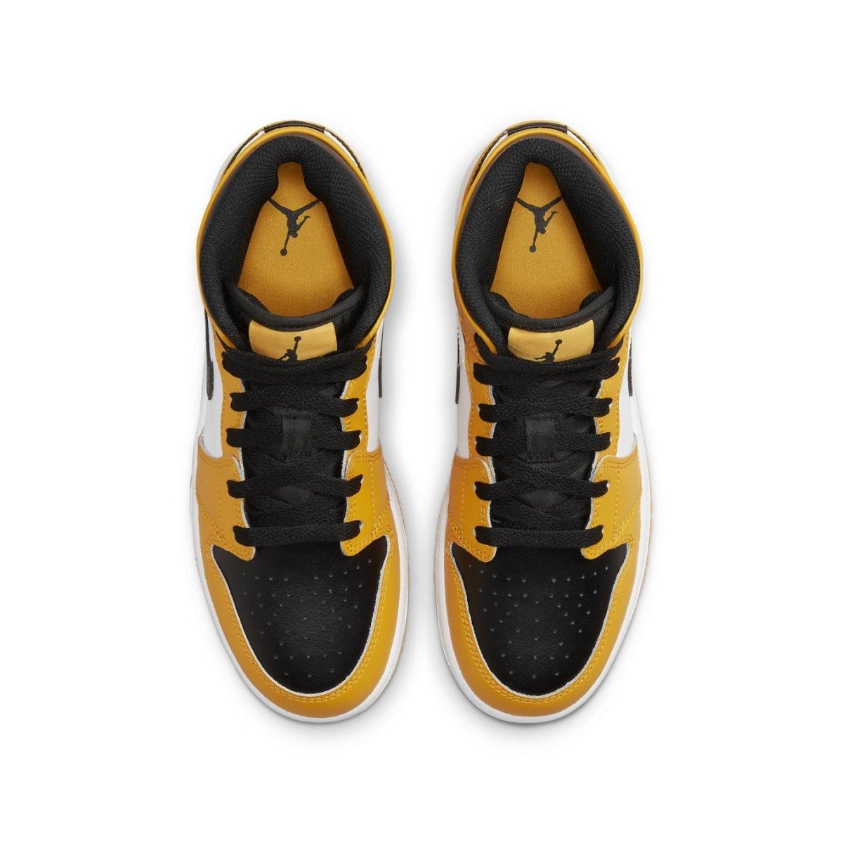 Air Jordan 1 Mid Taxi (GS) sneakers with black, white, and yellow leather upper from top view.