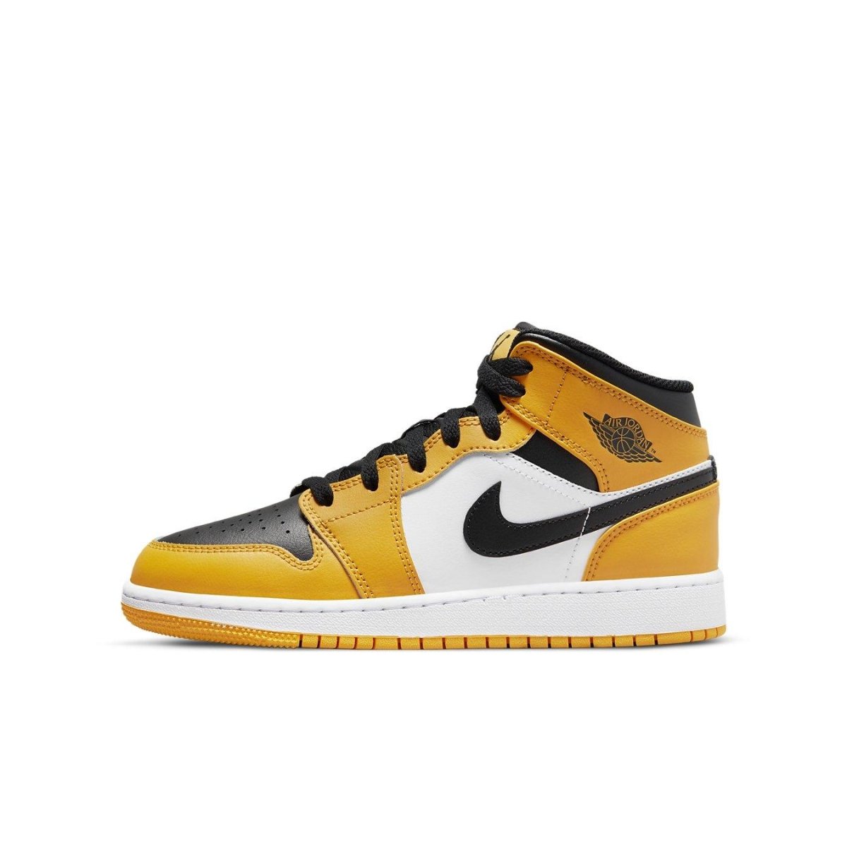Air Jordan 1 Mid Taxi (GS) in black, white, and yellow leather, featuring a classic high-top design.