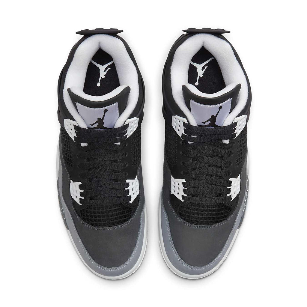 Air Jordan 4 Retro 'Fear' 2024, black and grey sneaker from above, featuring Jumpman logo.