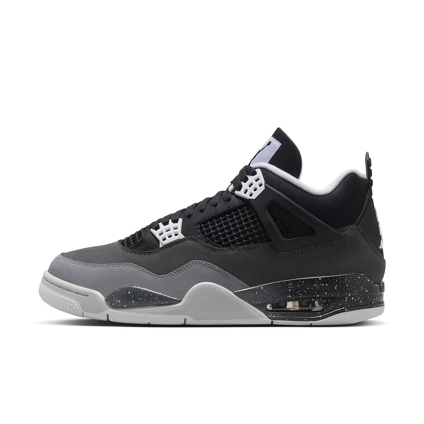 Air Jordan 4 Retro Fear (2024) in neutral gray colorway, featuring soft nubuck upper and speckled midsole.