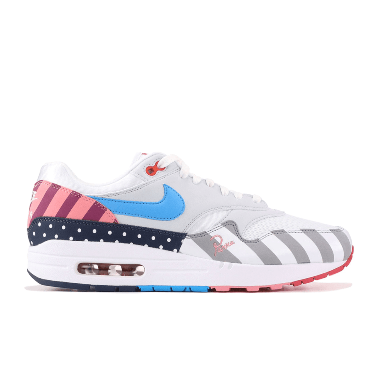 Nike Air Max 1 Parra (2018) sneaker in white, blue, pink, and gray with playful patterns.