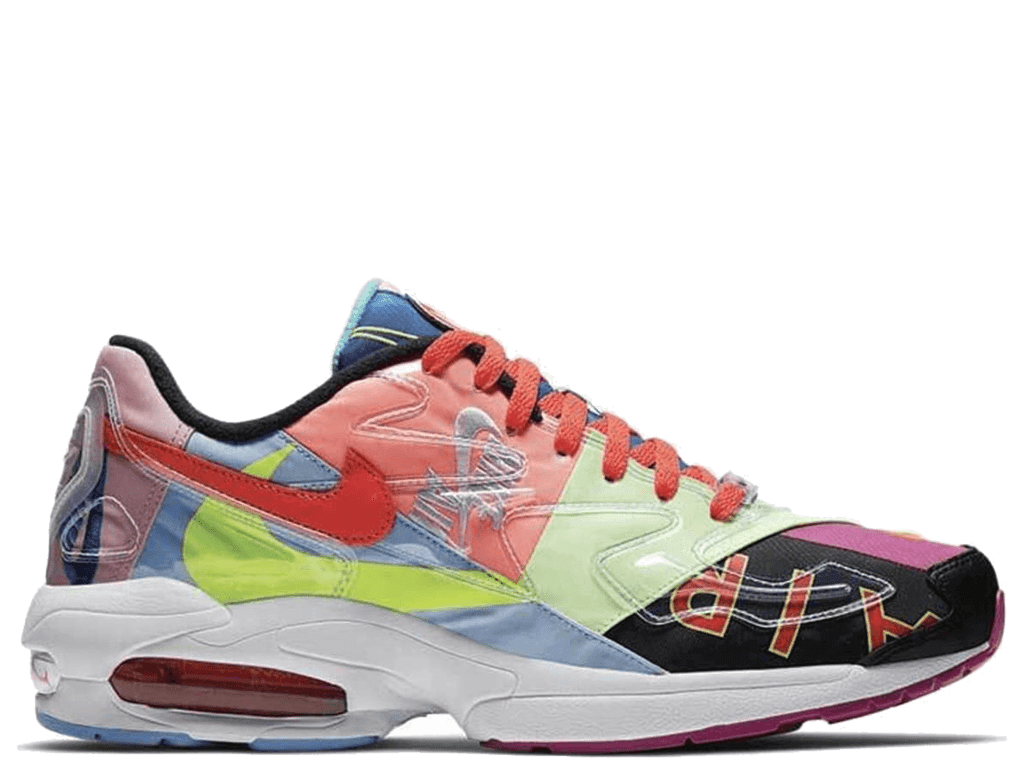Air Max 2 Light Atmos featuring vibrant colors and a large red Swoosh, showcasing a retro design with translucent overlays.