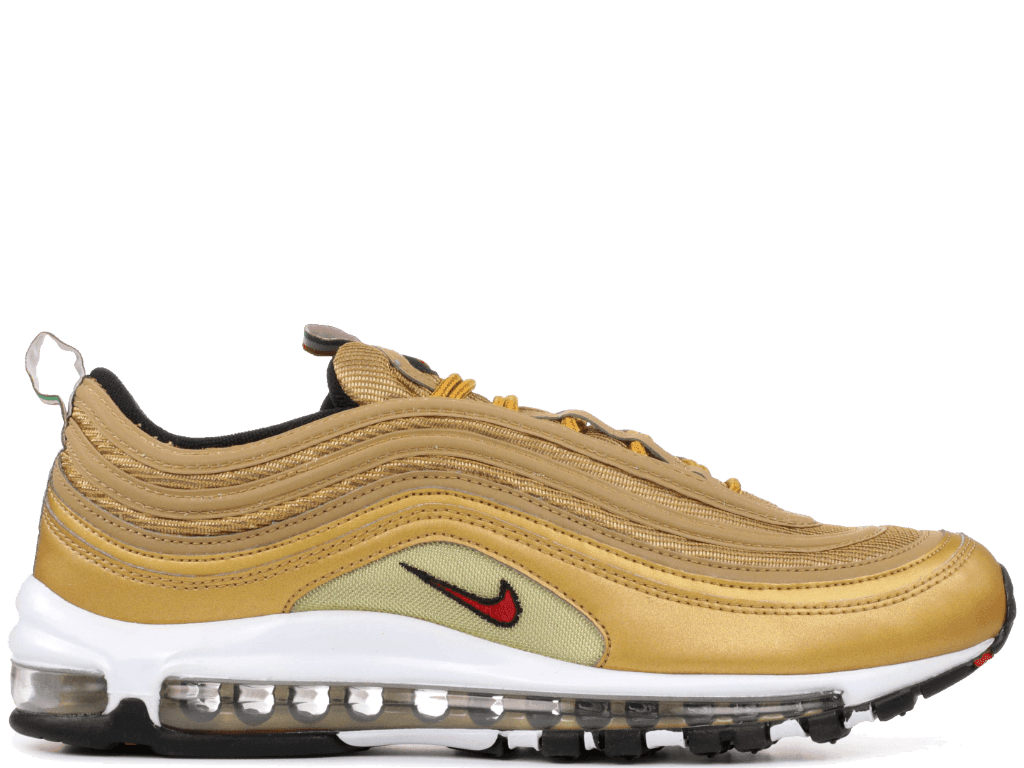 Air Max 97 Metallic Gold sneaker featuring Italian flag accents in a side view.