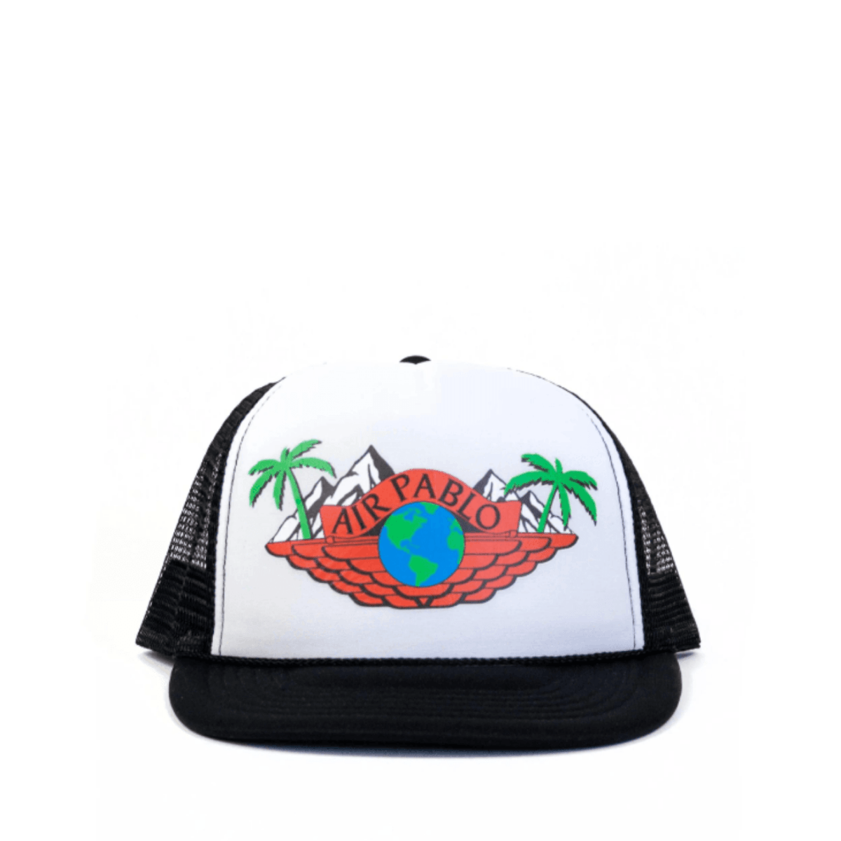 Air Pablo Trucker Cap featuring vintage AIR JORDAN logo, black and white design with palm trees and mountains.