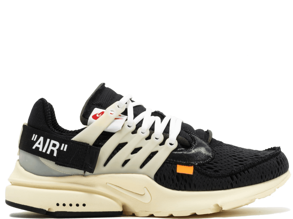 Off-White Nike Air Presto featuring 'AIR' emblem, laser-cut mesh, and cushioned tongue, showcasing modern design elements.