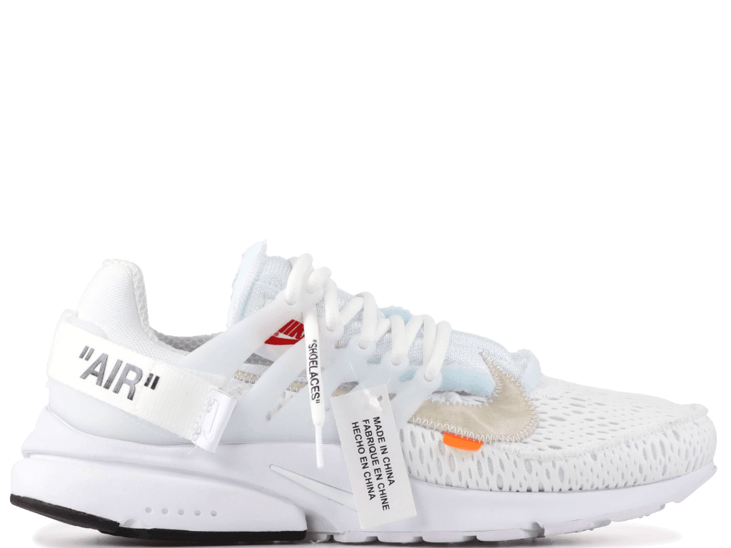 Air Presto Off-White White 2018 sneaker featuring mesh upper, beige Swoosh, and iconic orange tab.
