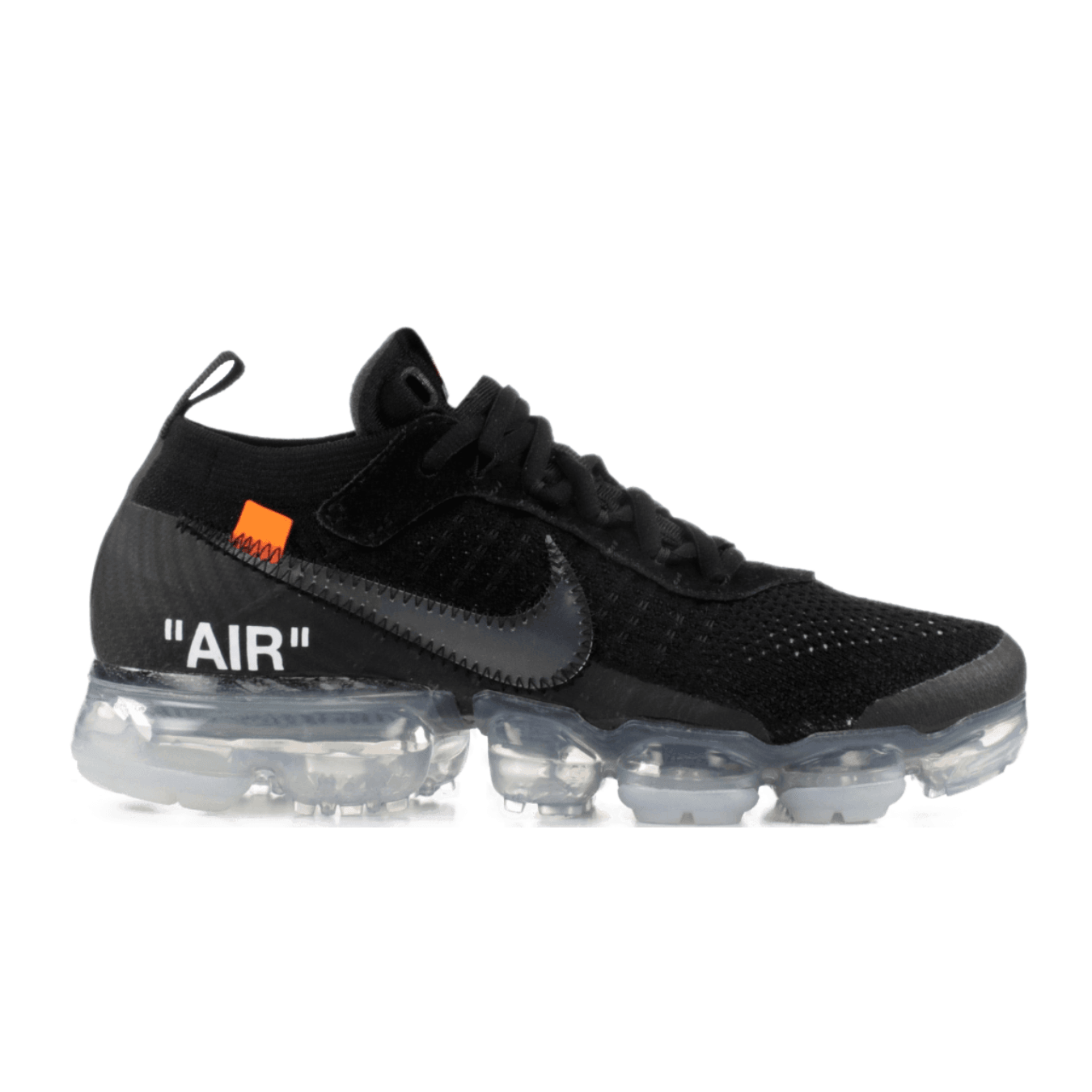 Nike Air Vapormax Off-White Black sneaker featuring a black Flyknit upper and transparent midsole, with subtle orange accents.