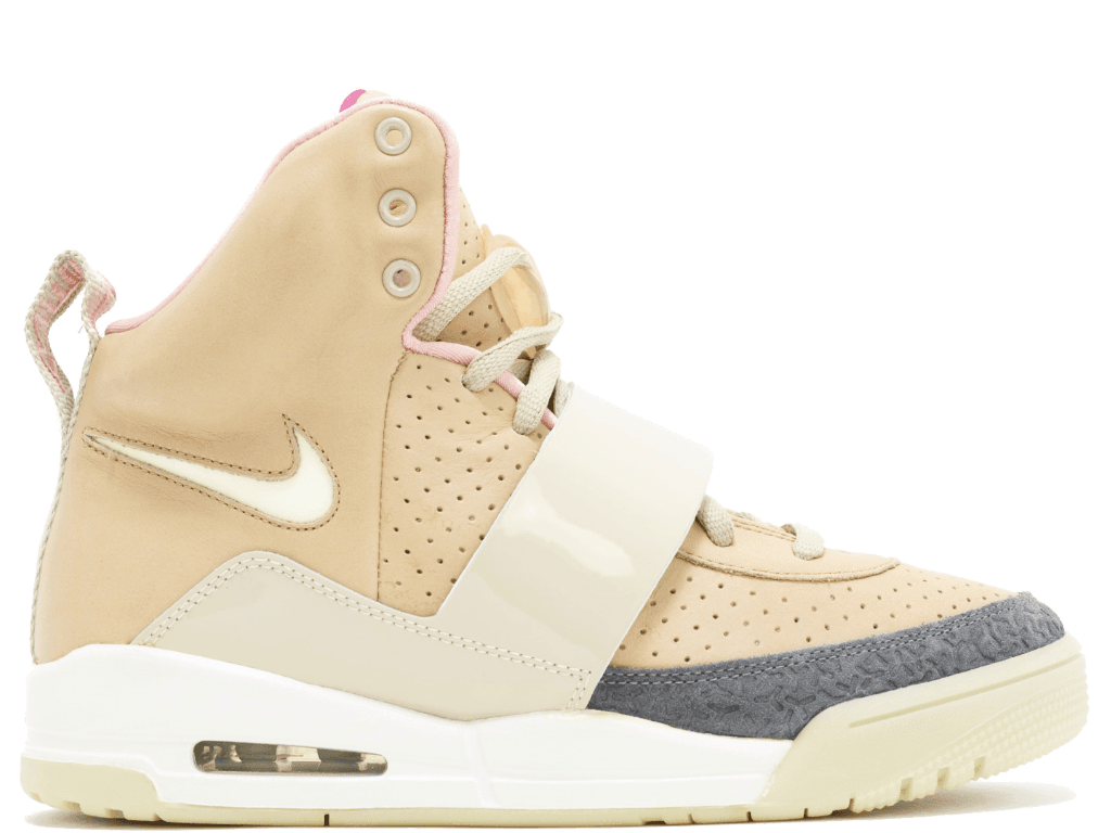 Air Yeezy 1 Net Tan sneaker with beige leather upper and pink collar, featuring a textured strap and bicolored sole.