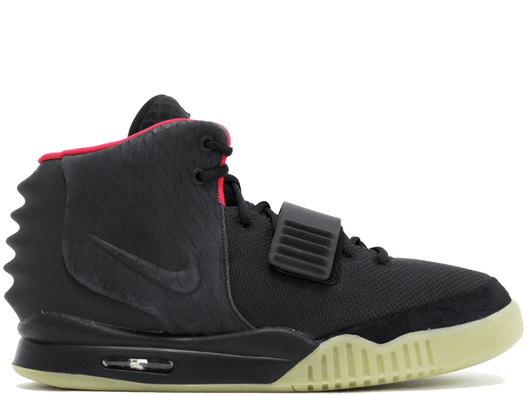 Air Yeezy 2 Solar Red sneaker side view, featuring black and solar red colorway designed by Kanye West and Nathan VanHook.