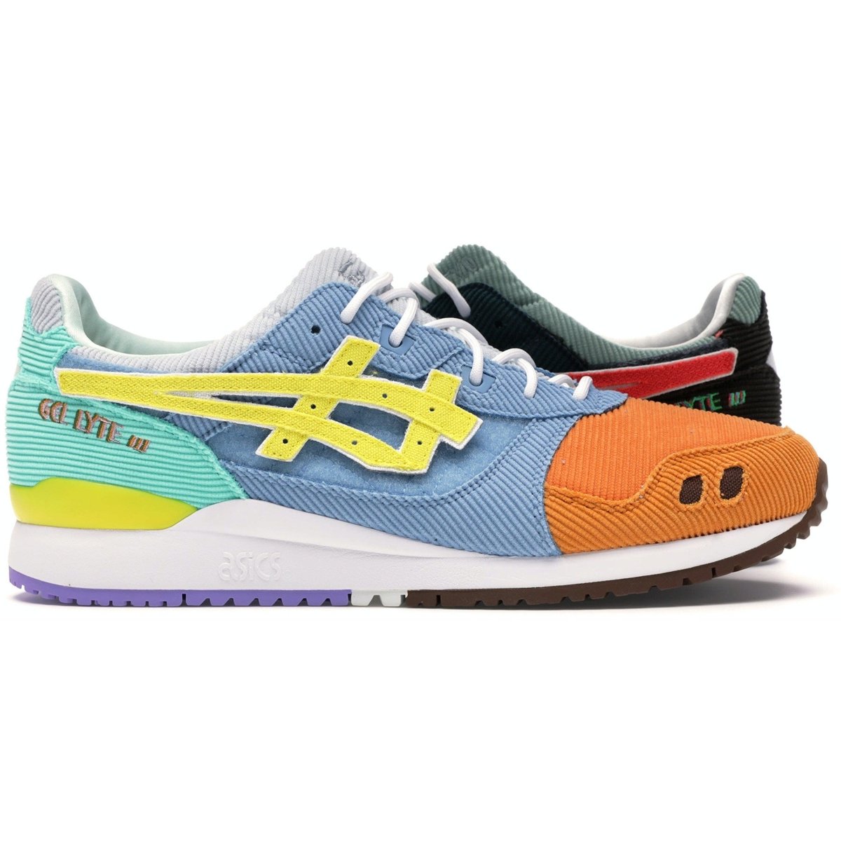 ASICS Gel-Lyte III Sean Wotherspoon x atmos sneakers featuring colorful corduroy design.