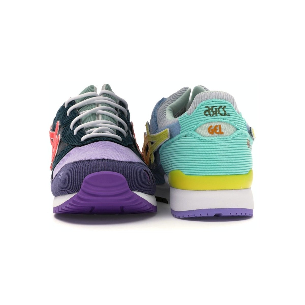 ASICS Gel-Lyte III Sean Wotherspoon x atmos sneakers showcasing colorful corduroy design from behind.