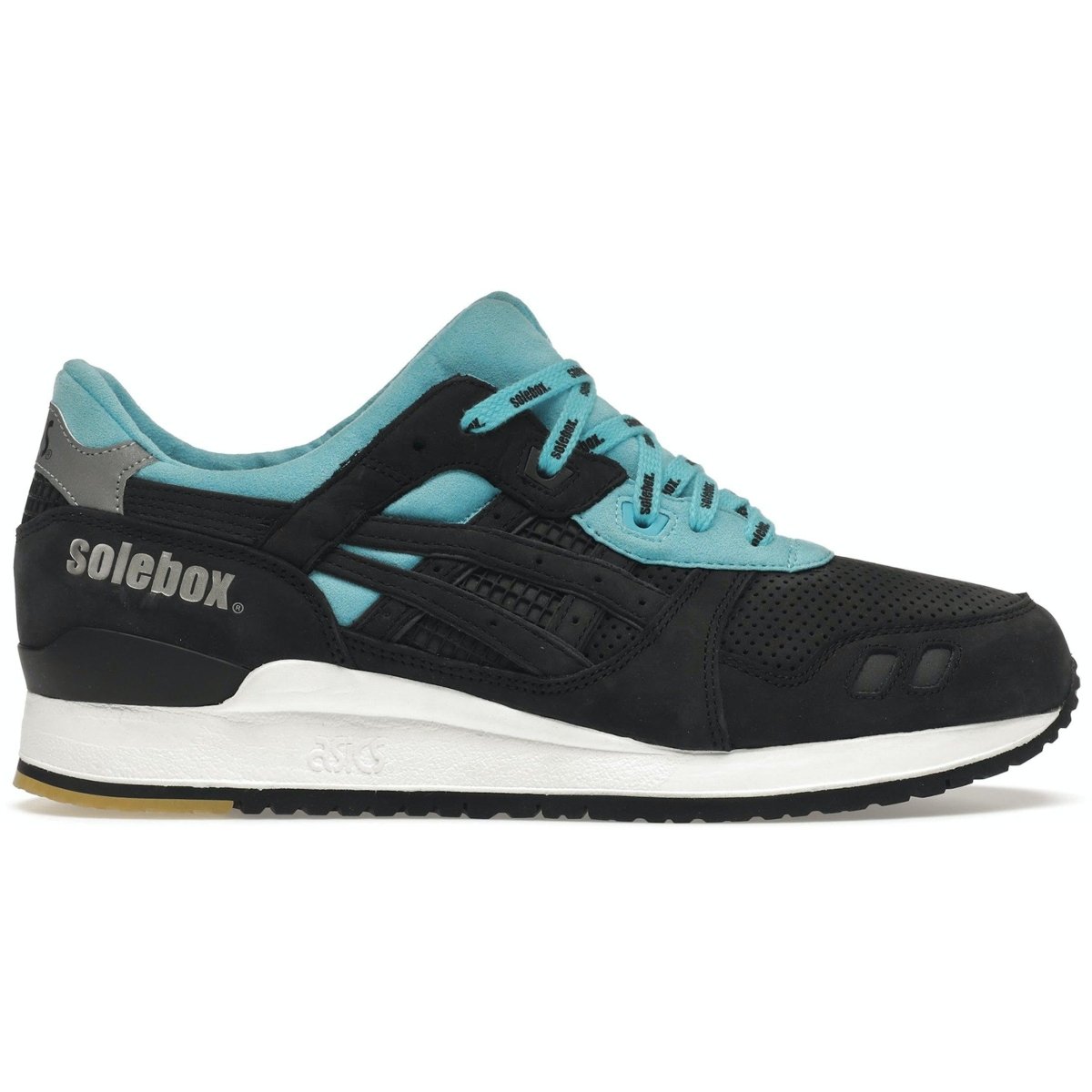 ASICS Gel-Lyte III Solebox in black and teal, inspired by Blue Carpenter Bee, featuring nubuck upper and grid design.