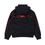 Black and red NPT Baby Gang zip track top jacket, featuring adjustable hood and stylish design from Unknown x Baby Gang.