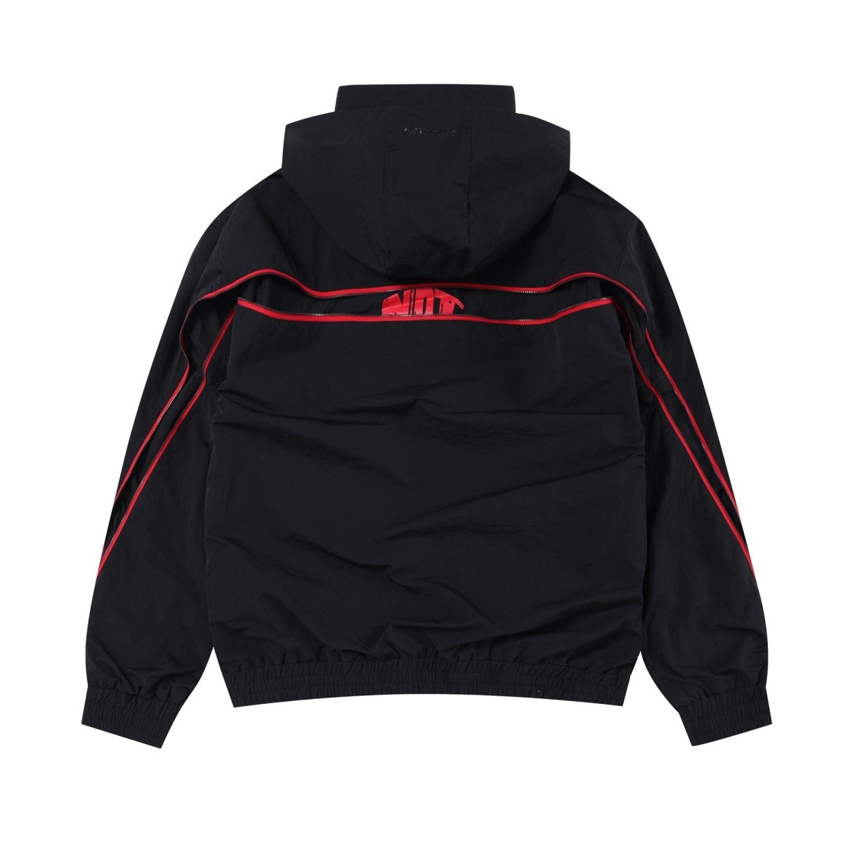 Black and red NPT Baby Gang zip track top jacket, featuring adjustable hood and stylish design from Unknown x Baby Gang.