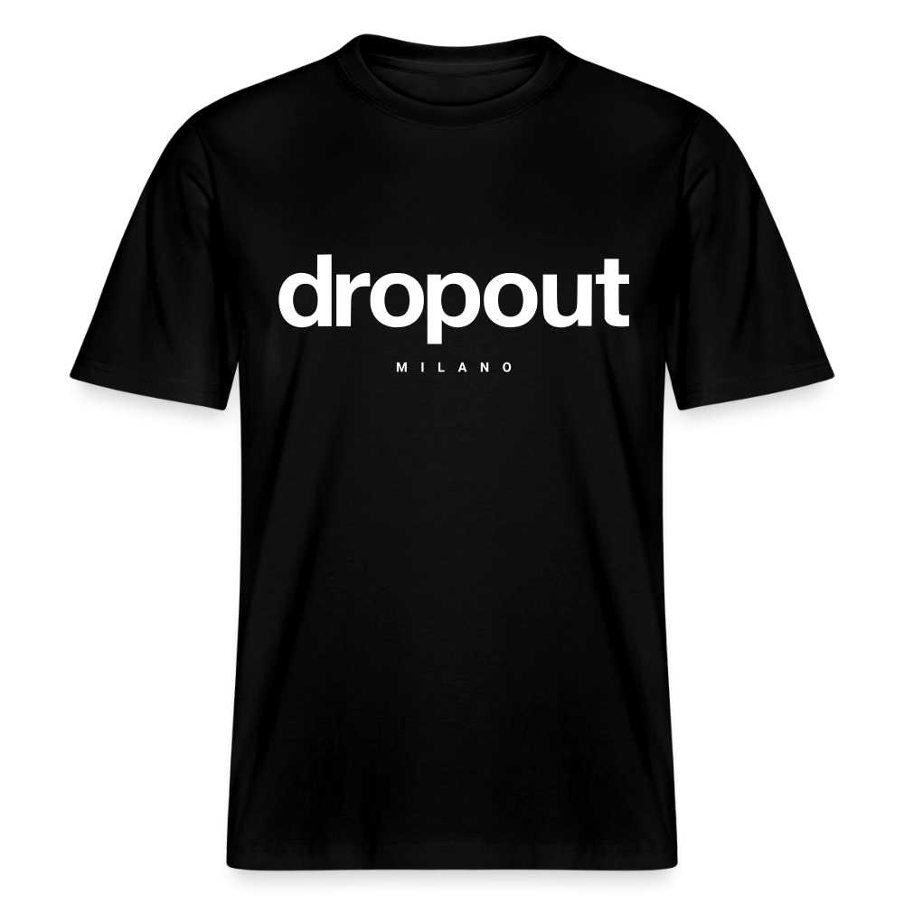 Relaxed fit black tee with bold 'dropout milano' white text, designed for casual comfort and stylish confidence.
