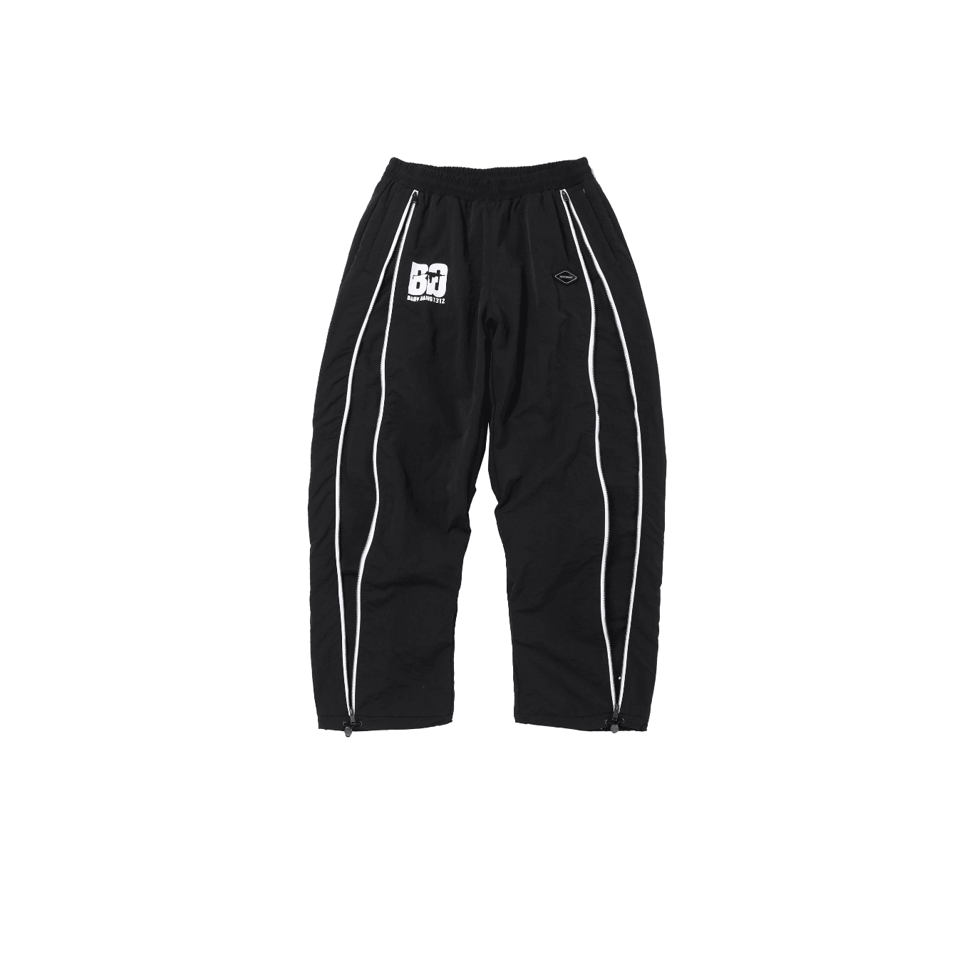 Black and white NPT Baby Gang zip track pants featuring logo and stylish design for active kids.