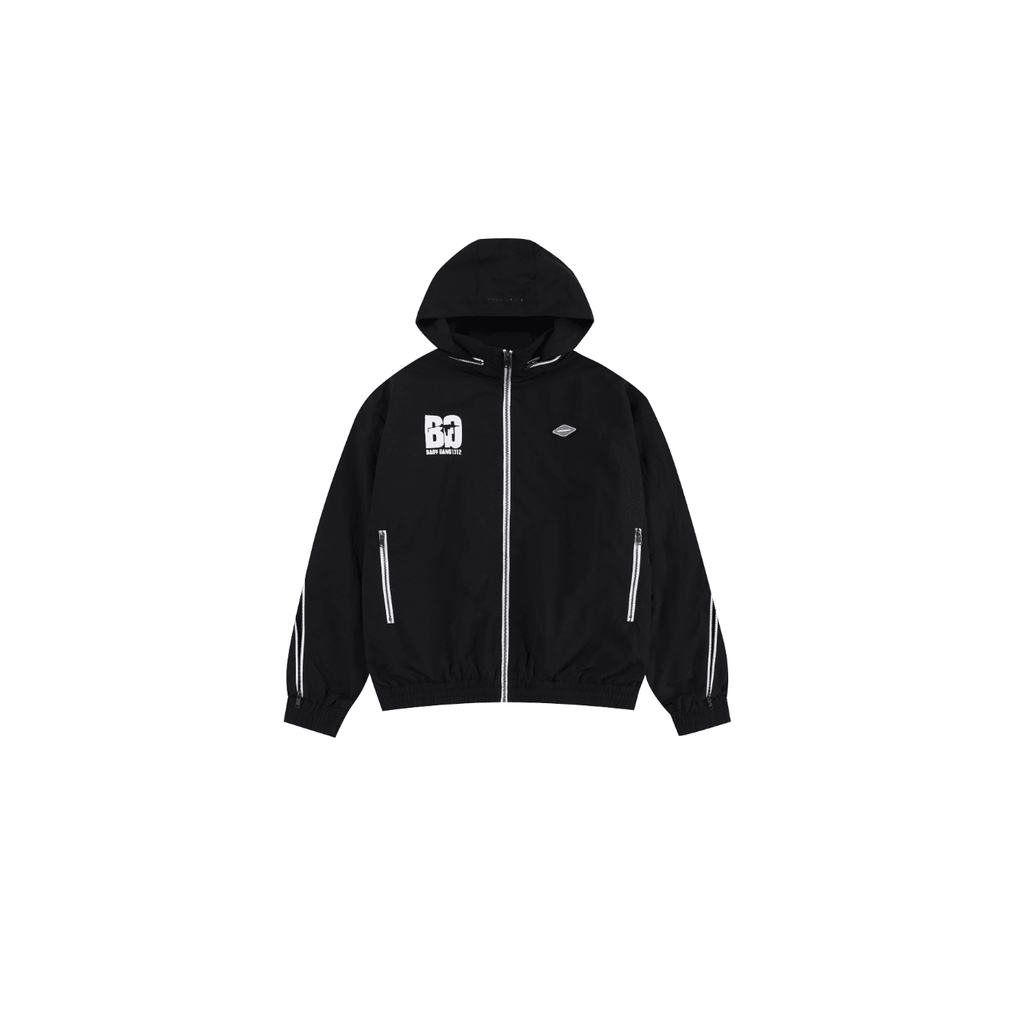 Black and white NPT Baby Gang zip track top jacket featuring a hood and stylish design.