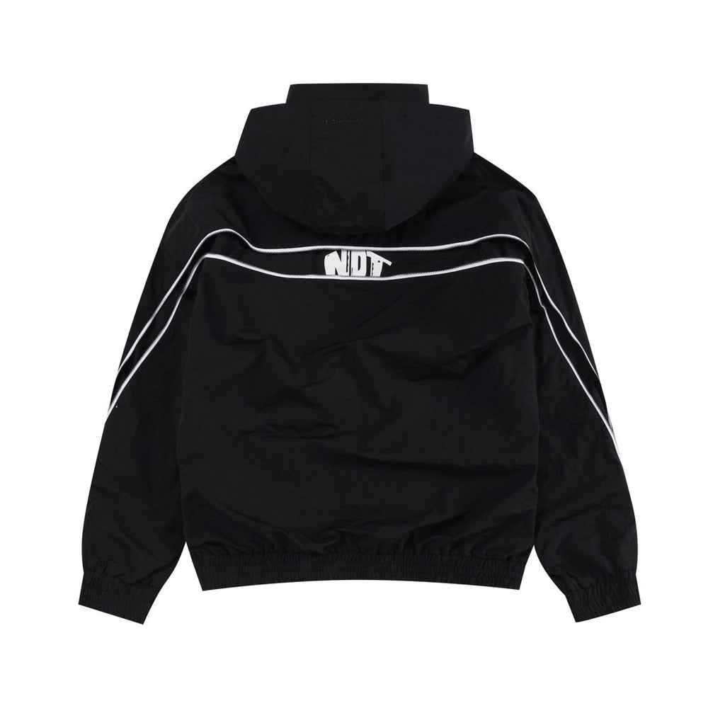 Back view of Black/White NPT Baby Gang Zip Track Top jacket with hood and logo.