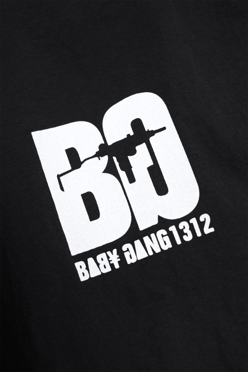 Black baby gang zip track top featuring bold white logo design on a black background.