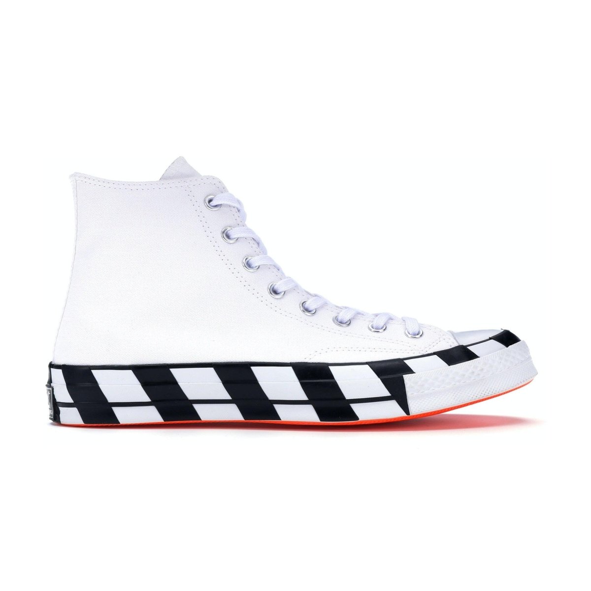 Converse Chuck Taylor All-Star 70s Hi Off-White sneaker with black and white stripes and bright orange sole.