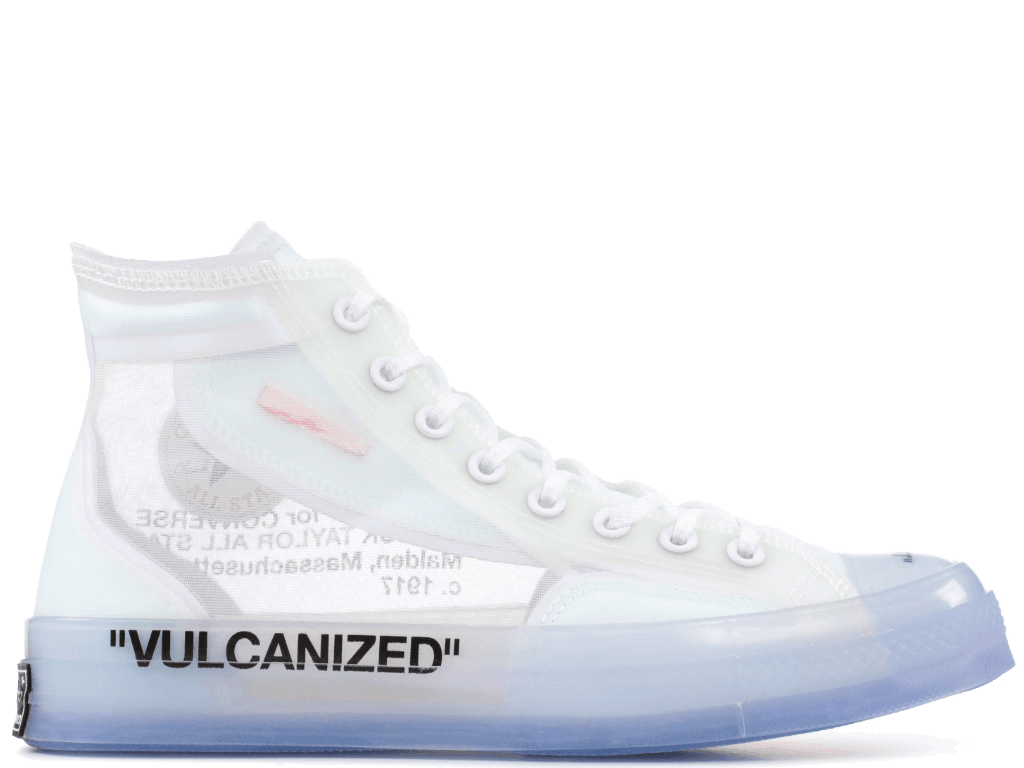 Converse Chuck Taylor All-Star Vulcanized Hi Off-White featuring transparent upper and 'VULCANIZED' midsole design.