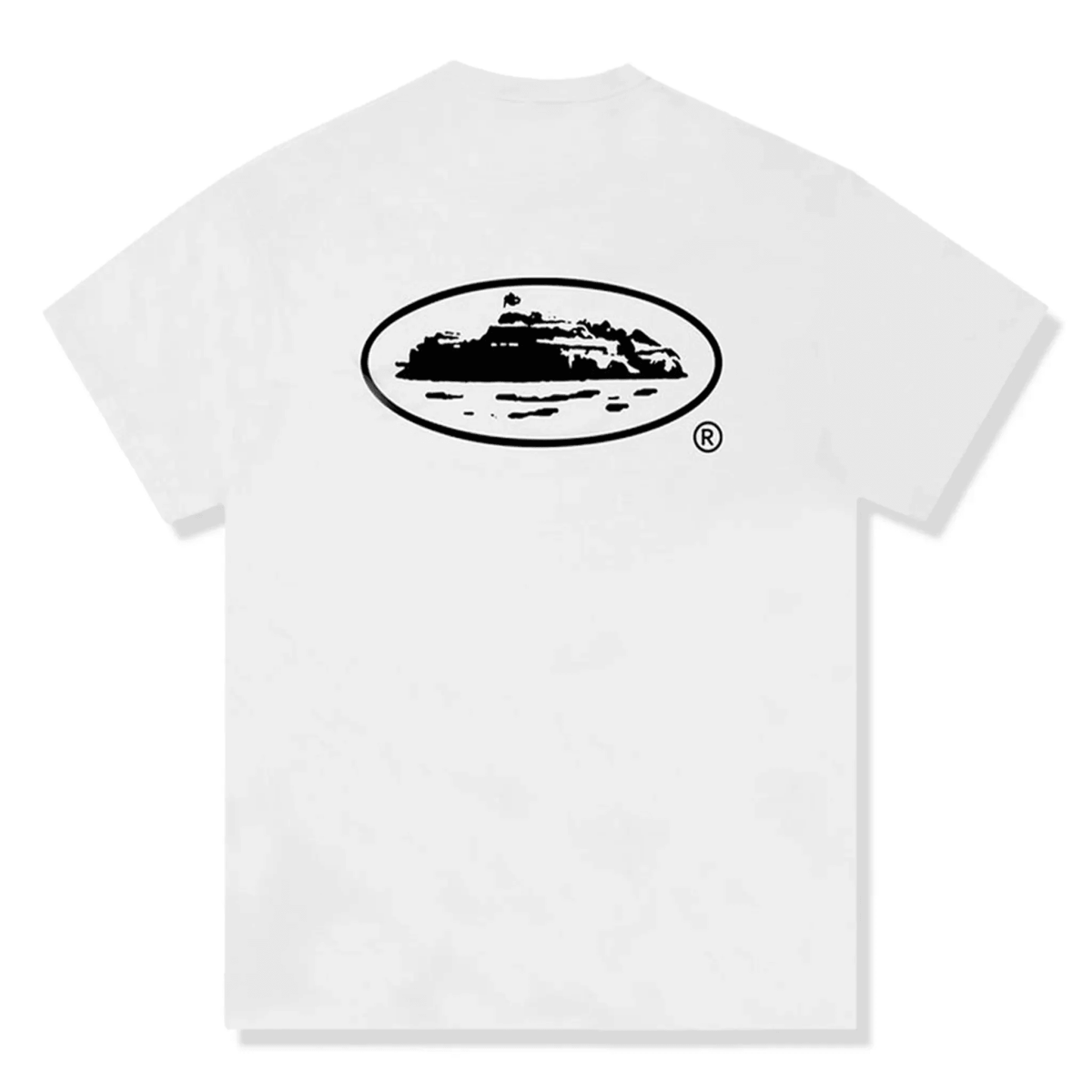 Corteiz OG Island T-Shirt white with black graphic logo on back, featuring high-quality cotton and cut & sew design.