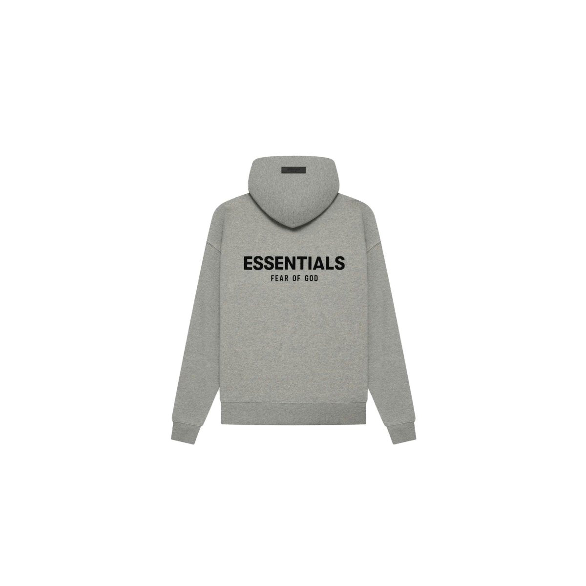 Fear of God Essentials Hoodie 2022 in Dark Oatmeal, featuring a black printed logo on the back.