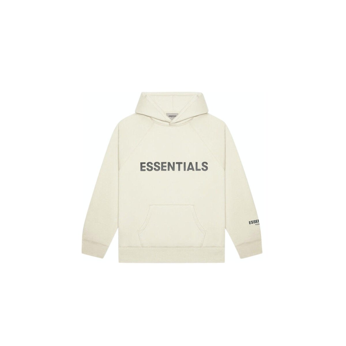 Fear of God Essentials buttercream pullover hoodie with applique logo, part of SS20 collection.