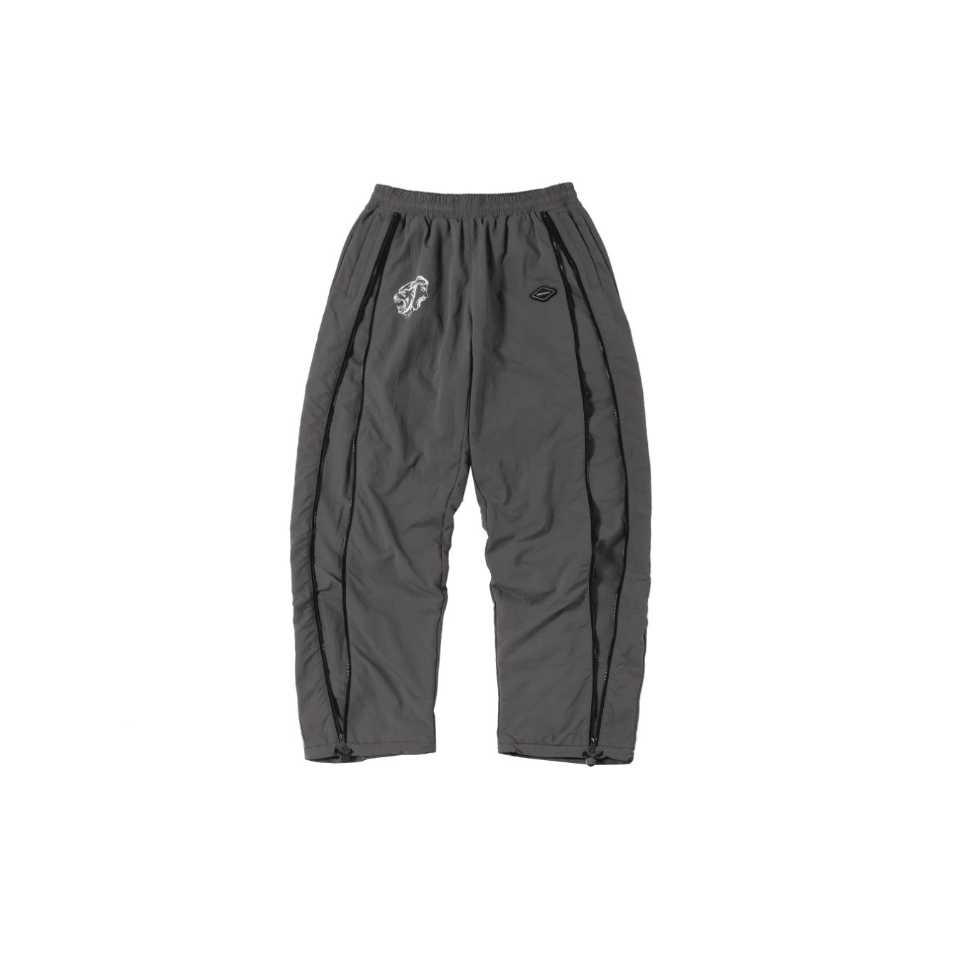 Grey and black NPT Simba La Rue zip track pants, featuring a relaxed fit and logo detail, perfect for casual wear.