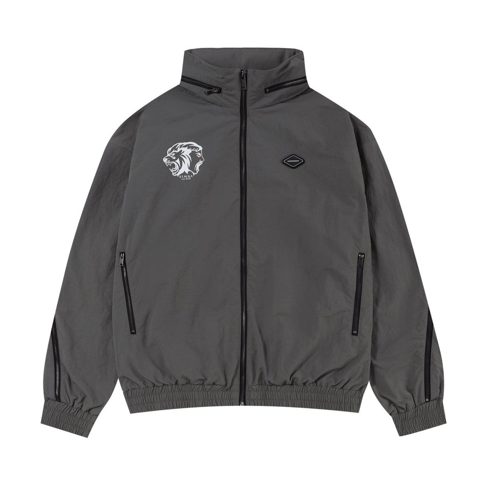 Grey and black NPT Simba La Rue zip track top with lion design and functional pockets.