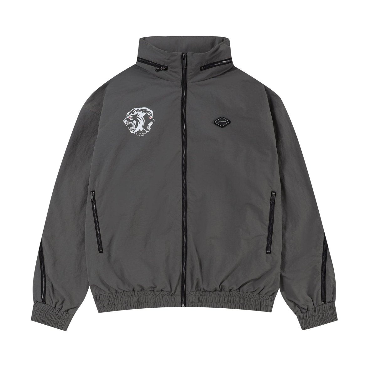 Grey and black NPT Simba La Rue zip track top with lion design and functional pockets.