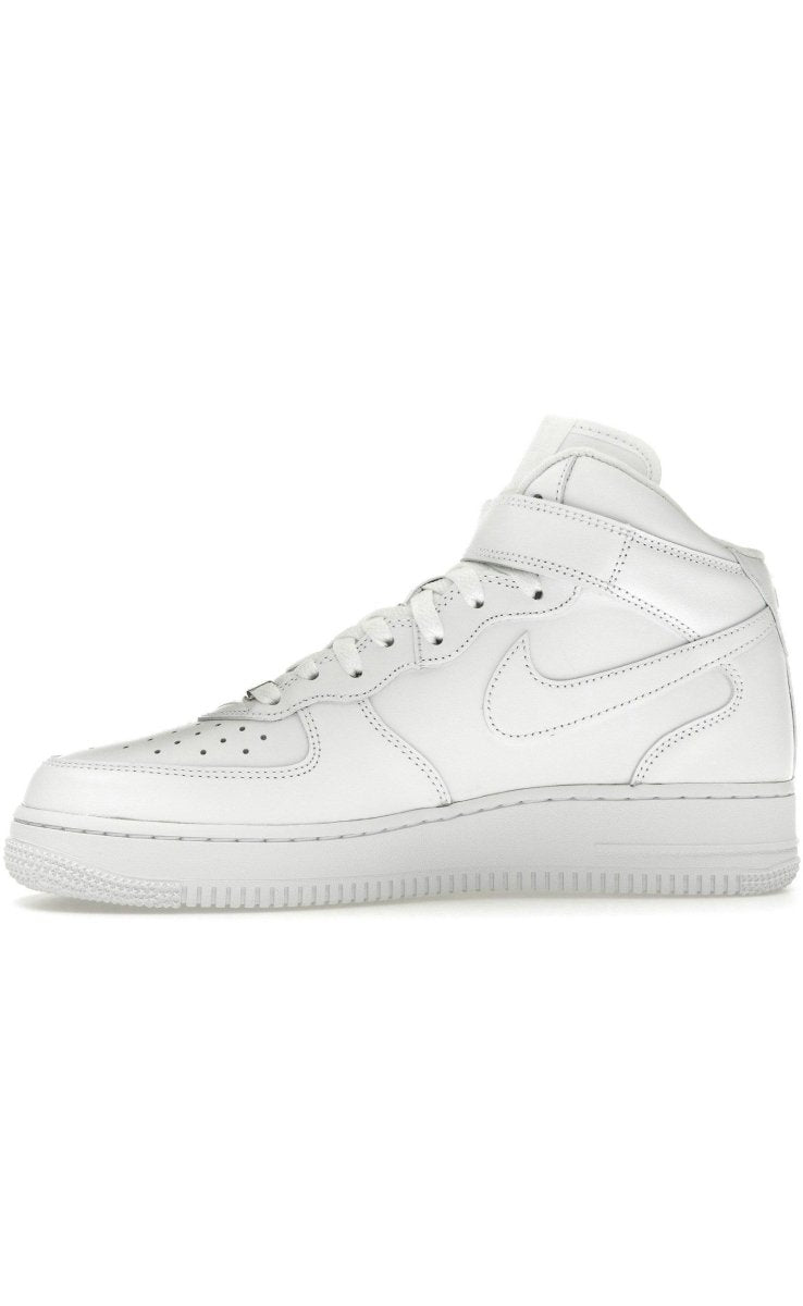 Nike Air Force 1 Mid Supreme White shoes featuring a clean white leather upper and padded collar for comfort.