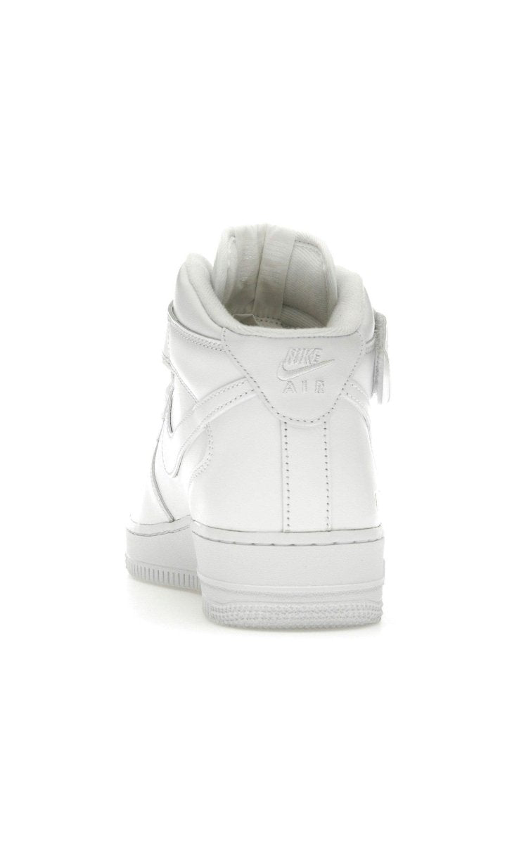 Rear view of Nike Air Force 1 Mid Supreme White sneakers showcasing the clean white leather and padded collar.